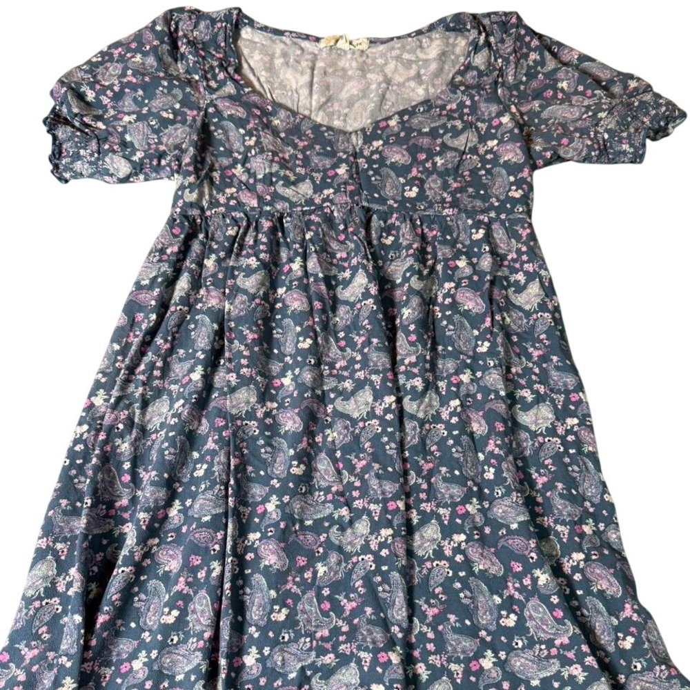 Rewind Blue Paisley Floral Mini Dress Puff Sleeve Women's M